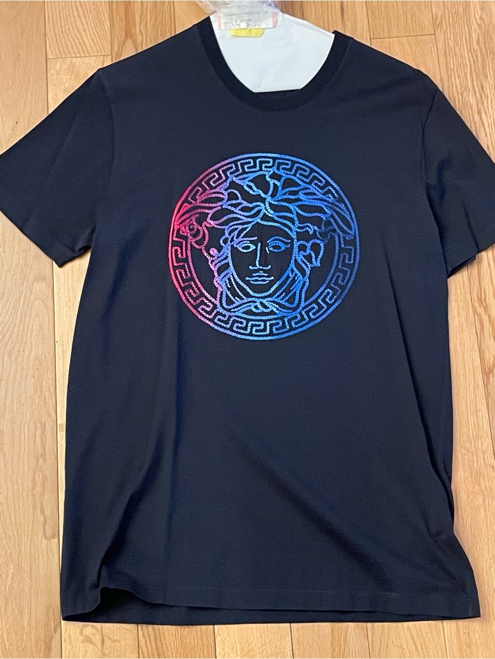 Versace Black T-Shirt with Blue-to-Pink Medusa Emblem